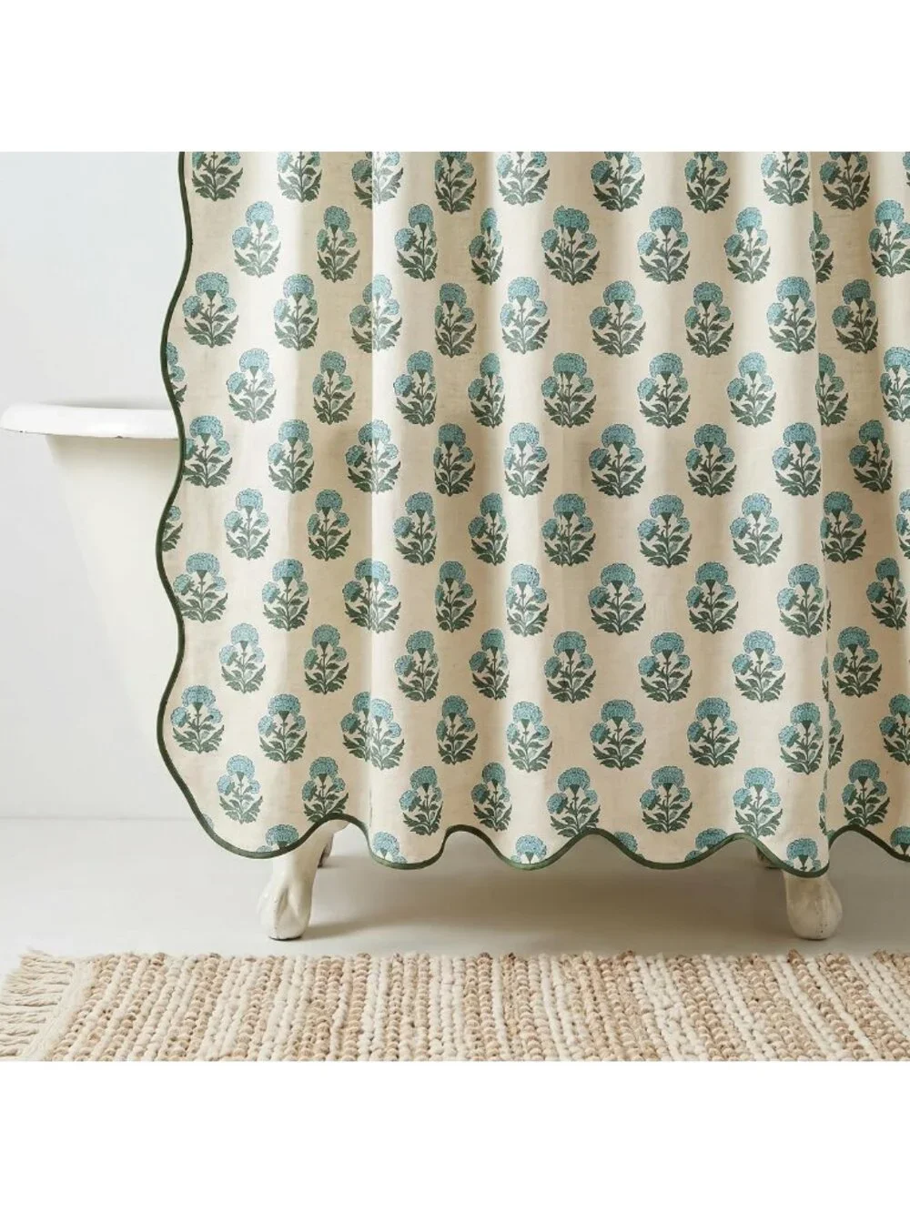 Scalloped Block Print Shower Curtain Set with 12 Hooks - Stylish Bathroom Decor